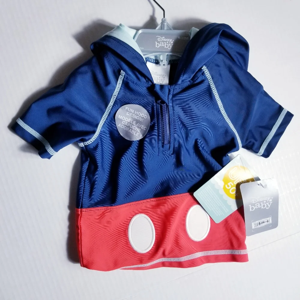 NWT DISNEY BABY MICKEY MOUSE SWIM SHIRT WITH HOOD SIZE 9 TO 12 MONTHS
